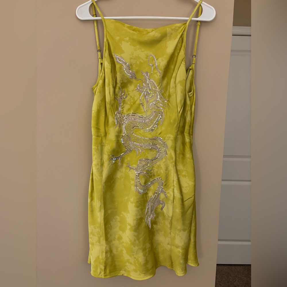 Urban Outfitters - Y2K Yellow Dress with Silver Dragon Embroidery - Size L